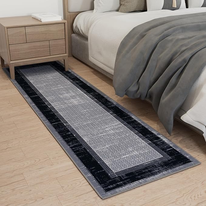 Ottomanson Hallway Runner Rug 1'10" x 7' Non Slip Border Area Rugs Easy to Clean Laundry Rug Runner Durable & Pet Friendly Floor Carpet Runners for Hallways Entryway Living Room Kitchen, Gray/Navy