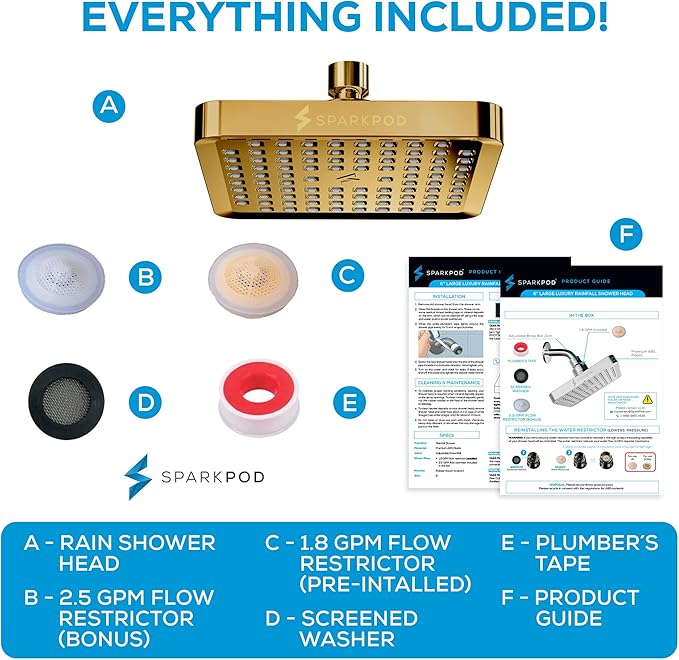 SparkPod Shower Head - High Pressure Rain - Premium Quality Luxury Design - 1-Min Install - Easy Clean Adjustable Replacement for Your Bathroom Shower Heads (Egyptian Gold, 6 Inch Square)