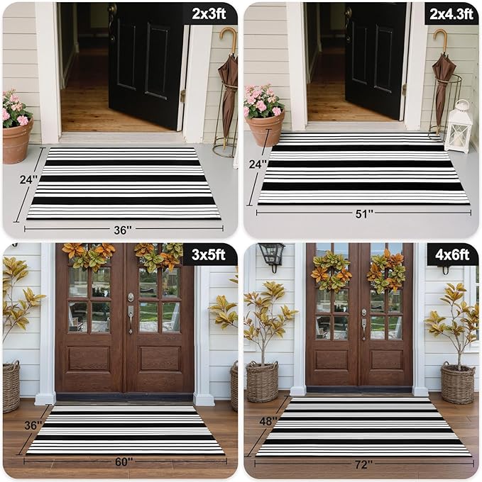 OJIA Cotton Black and White Striped Rug 2x4 Hand-Woven Indoor/Outdoor Area Rug Layered Door Mats for Front Porch/Entryway/Laundry Room/Bedroom/Outdoor