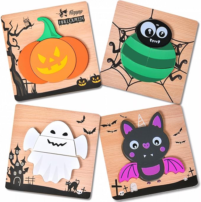 4 Pack Halloween Wooden Puzzles for Kids Toddlers Jigsaw Puzzles Halloween Toys for Halloween Party Favors Treat Bag Prizes