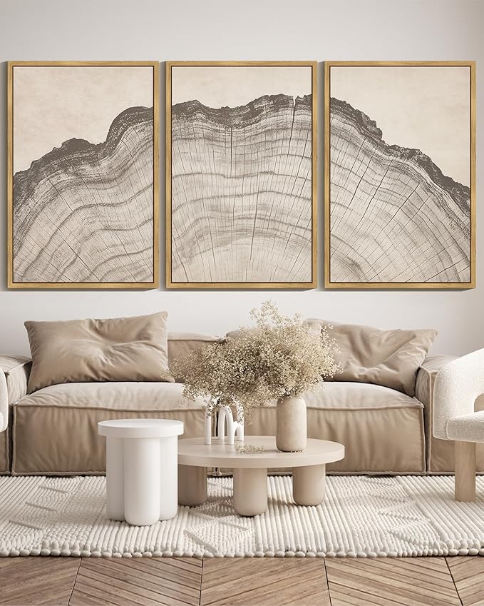 KUVIOKE Boho Vintage Antique Tree Wall Art Framed Neutral Retro Tree Rings Wood Prints Rustic Nature Illustrations Bedroom Living Room 24x36in (Natural Framed)