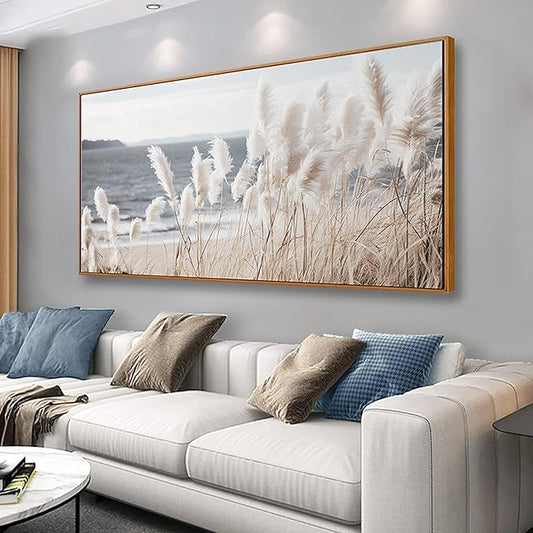 Framed Wall Art Artwork Decor Nature Canvas Painting ReedSeascape Wall Decor for Bedroom Living Room Decoration Home Kitchen Office 24" x 48"