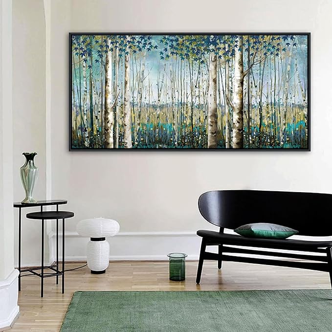 Pogusmavi Wall Art - Large Birch Tree Canvas Painting for Home Decor | Framed Artwork for Living Room, Bedroom, and Office | Teal Wall Art Decoration 24x48 Inch