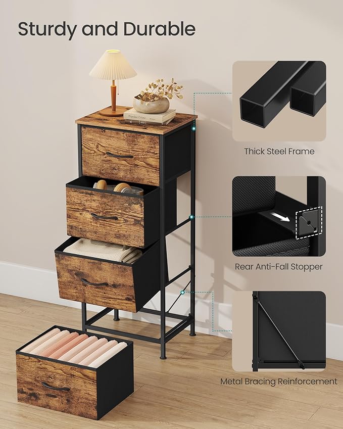 SONGMICS Dresser for Bedroom, Chest of Drawers, Steel, MDF, 4 Non-Woven Fabric Drawers, Storage Organizer Unit, Closet, Entryway, Rustic Brown and Ink Black LGS314B02S