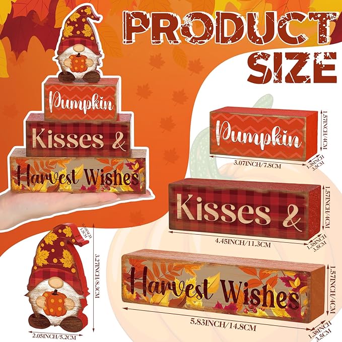 4 Pcs Fall Decor for Home Gnomes Wooden Signs with Sayings Fall Gnomes Tiered Tray Decor Autumn Harvest Tabletop Centerpiece Pumpkin Block Signs for Thanksgiving Office Kitchen Shelf
