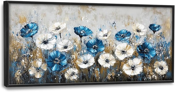 Flintis Large Blue and White Flowers Framed Wall Art Floral Pictures Wall Decor Abstract Landscape Canvas Painting Print Artworks Decor Framed for Living Room Bathroom Master Bedroom 60L X 30W