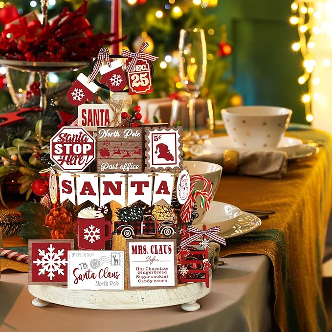 17 Pcs Christmas Tiered Tray Decor Set Winter Tiered Tray Decorations Farmhouse Tabletop Centerpiece Christmas Wooden 3D Sign for Xmas Home Buffalo Plaid Rustic Table Decoration(Classic)