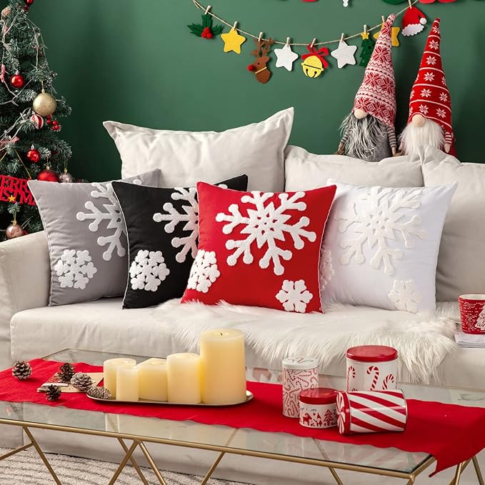MIULEE Pack of 2 Christmas Decorative Snowflake Throw Pillow Covers Canvas Embroidery Winter Cushion Cases Holiday Decor Soft Pillowcases for Winter Couch Sofa Bedroom Car（Red, 16x16in）