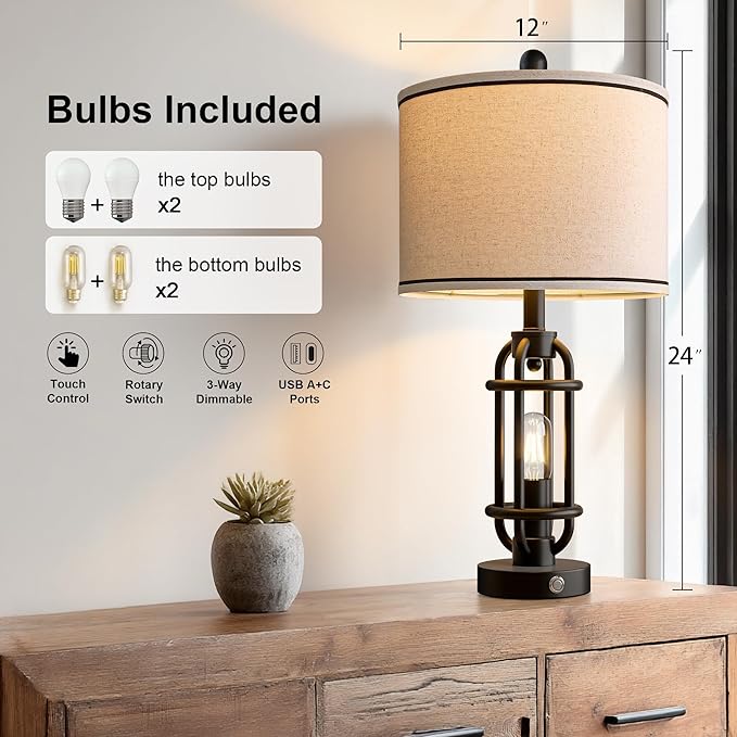 24'' Table Lamps for Living Room Bedroom Set of 2 Industrial Touch Lamp with USB A+C Ports, Night Light Farmhouse Vintage Nightstand Bedside Lamps for Night Stands Metal Black, Bulbs Included