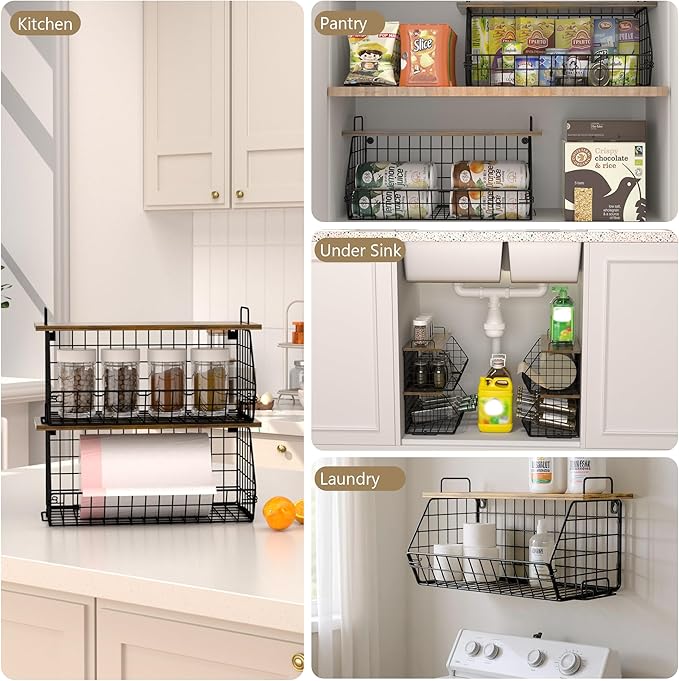 2 Pack Extra Large Kitchen Organizer Stackable Trash Bag Holder,Laundry Room Organizers Basket with Wood Top,Wall Mount Large Standard Garbage Bag Dispenser,Pantry Organizers,Under Sink Organization