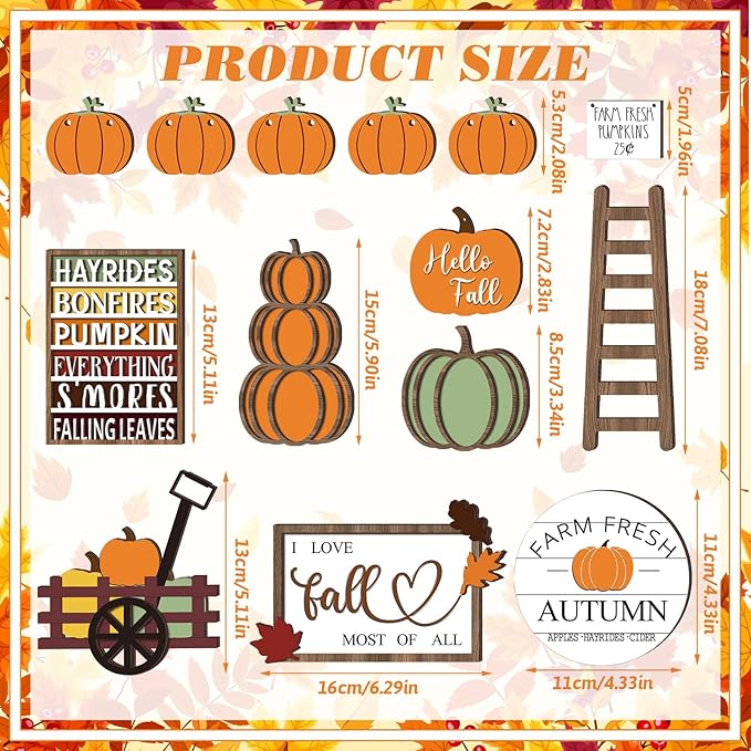 Sumind 15 Pcs Fall Tiered Tray Decor Set Fall Decorations for Home Autumn Wood Signs Thanksgiving Orange Brown Table Signs Farmhouse Wooden Maple Pumpkin Gnomes Tabletop for Festival(Harvest)