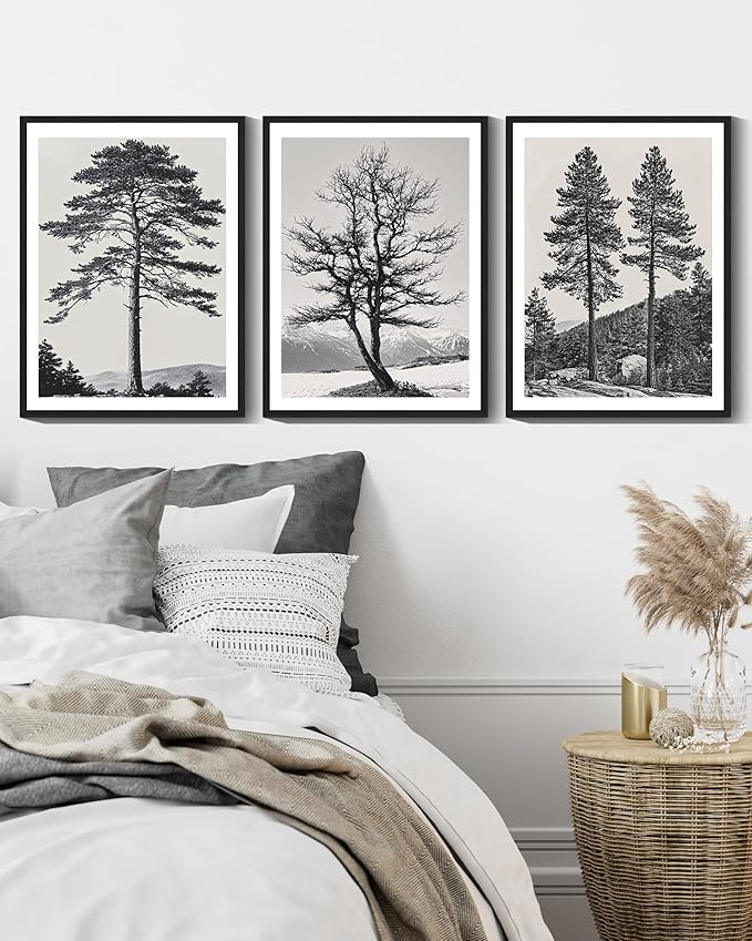 KUVIOKE Vintage Black Gray Forest Wall Art Framed Antique Retro Tree Prints Modern Rustic Artwork Bedroom Living Room Ready to Hang 12x16in (Black Framed)