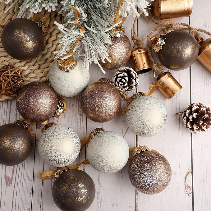12 Pcs Neutral Textured Christmas Ball Ornaments 2.36'' Vintage Christmas Tree Decor Modern Rustic Brown Ornaments with Loop Shatterproof Hanging Ball for Xmas Farmhouse Decor (Dark Brown)