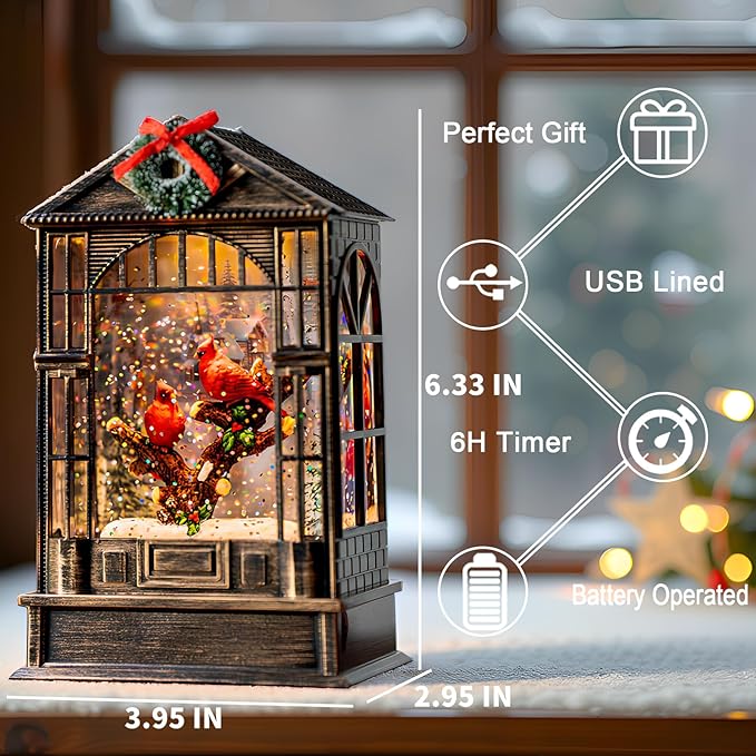 Christmas Snow Globes Cardinal Music Water Lantern Holiday Decorations Gifts for Family Children or Friends