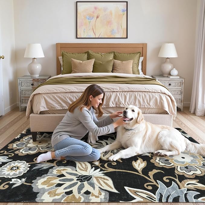 Lahome Floral Black 4x6 Washable Non-Slip Ultra-Thin Soft Accent Stain Resistant Indoor Area Rug - Paisley Print, Carpet for Bedroom, Living Room, Entryway, Kitchen, Laundry