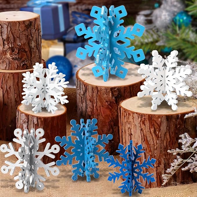 OuMuaMua 6 Set Snowflake Christmas Table Decorations - 12pcs Blue White Glitter Wooden 3D Snowflake Decor Tabletop Centerpiece for Christmas Party Supplies Home Decor