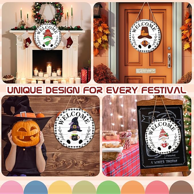 Qunclay Interchangeable Wooden Gnome Decor Holiday Seasonal Gnome Decorations with Magnet Pieces and Detachable Hats Changeable Welcome Sign for Home(Black and White Checkered Style)