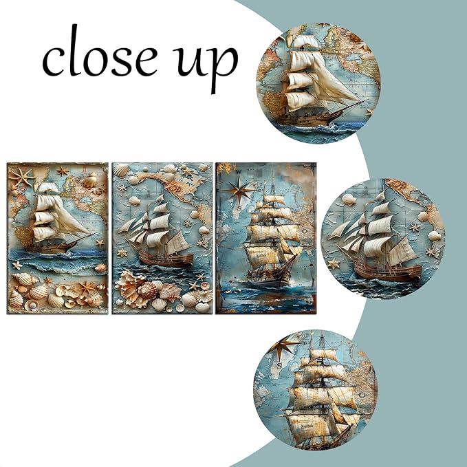 Abstract Sailboat Canvas Wall Art 3 Pieces Large Size Poster Blue Ocean Landscape Nautical Picture Painting Artwork for Living Room Hotel Office Wall Decoration Stretched and Framed [72''Wx 36''H]