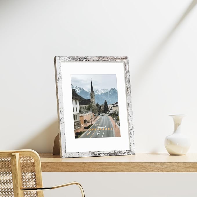 Vittanly 11x14 Picture Frames Set of 9, Shatter Resistant Plexiglass, Display 8x10 Pictures with Mat or 11x14 without Mat, Photo Frames for Wall or Tabletop, Engineered Wood, Distressed White