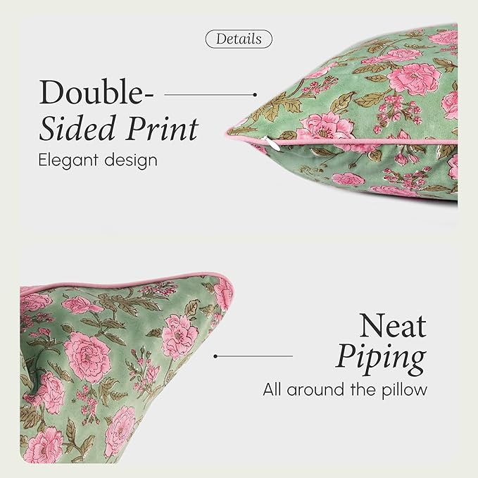 CPC 100% Cotton Throw Pillow Covers 20x20 Inch, Set of 2 Pink Block Print Pattern Couch Pillow, Cute Boho Decorative Pillows for Living Room, Bedroom with Hidden Zipper- Pink Tourmaline