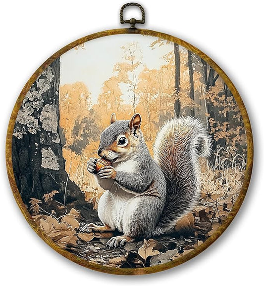 Mcehtle Vintage Fall Squirrel Wall Art Decor, Rustic Autumn Nature Forest Squirrel Framed Canvas Prints 10x10, Fall Wild Animal Farmhouse Round Wall Hanging Artwork Decorations for Home Bedroom