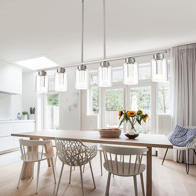 6-Lights 5CCT LED Pendant Light Fixtures LED Integrated Bulbs Included, Modern Dining Room Linear Chandelier with Bubble Crystal LED & Clear Glass Shade, Brushed Nickel Kitchen Island Light