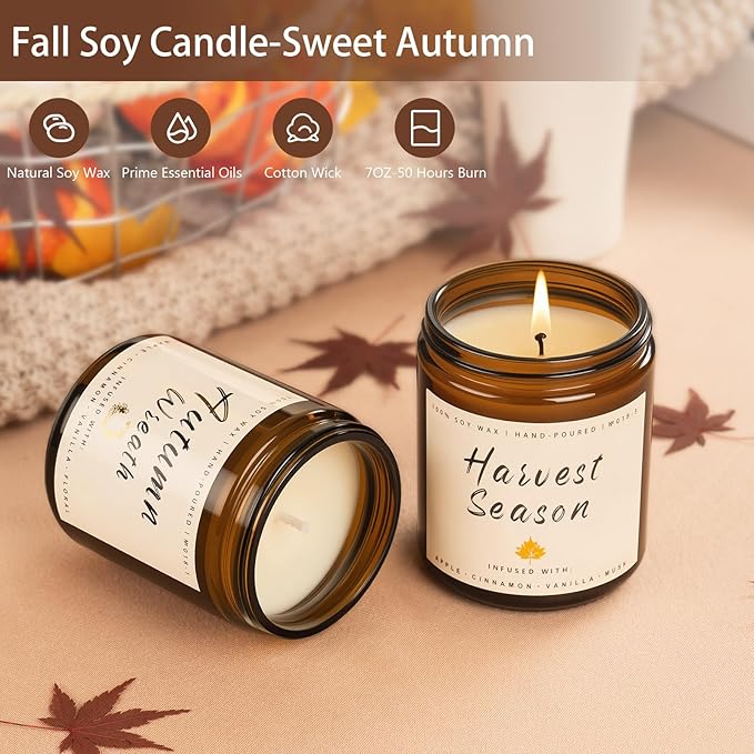 Auelife Fall Candles, 6 Pack Scented Candle Set, 42 oz Autumn Soy Candles for Home Scented, Fall Candle Gifts Set for Men and Women, Autumn Home Decor of Wreath/Apple/Latte/Harvest/Vanilla/Cinnamon