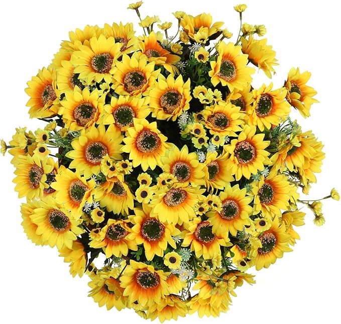 Artificial Hanging Flowers Basket, Fake Plants, Faux Silk Sunflower, for Spring Summer Outdoor Decoration, UV Resistant, Coconut Planter, Look Real for Patio Garden Yard Decor