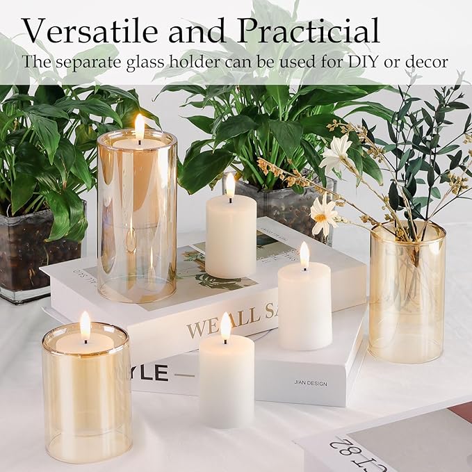 NURADA Flameless Candles with Remote Timer - Glass Real Wax 3D Wick LED Pillar Votive Candle Set Battery Operated Flickering Light for Home Christmas Decoration - Gold 3 Pack