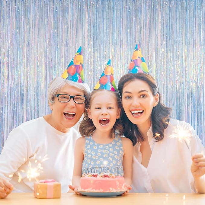 Melsan Iridescent Foil Fringe Backdrops Party Decorations - 2 Pack 3.2 x 6.5 ft Metallic Tinsel Photo Backdrop Curtains for Mermaid Unicorn Birthdays Parties - Iridescent 2 Packs