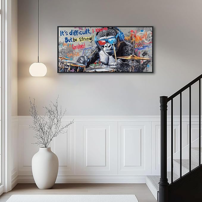 QZQCBLC Large Canvas Wall Art - Abstract Graffiti Gorilla Wearing Glasses Playing Drums Street Art Paintings Artwork Pictures for Living room Bedroom Bar Men's Teenager Game Room Decor 20X40