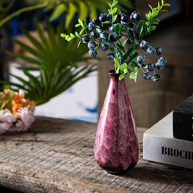 Pink Ceramic Bud Vases, Set of 6 Small Glazed Pottery Vases for Floral Arrangements, Decorative Rustic Vases for Modern Farmhouse Home Decor, Living Room, Dining Table Centerpieces