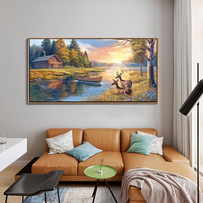 KLAKLA Large Deer Wall Art for Living Room Canvas Prints Decor Decoration Country Tractor Rustic Wildlife Artwork Ready to Hang for Bedroom Home Office Black Framed Wall Art