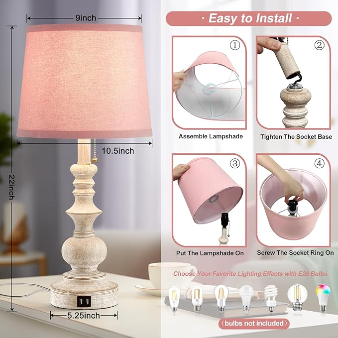 22'' Bedside Table Lamps Set of 2 Modern Farmhouse Nightstand Lamps for Bedroom with USB Charging Ports Vintage Boho Table Lamps for Girls Kids Living Room,Pink Shade,Bulbs Not Included