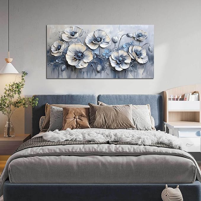 AOZEMI Large White Flower Canvas Wall Art for Living Room Bedroom Home Office Blue Picture Modern Floral Canvas Wall Decor Prints Artwork 24"x 48"