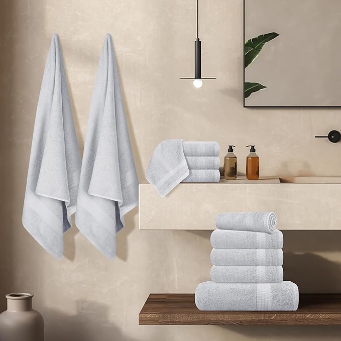 GLAMBURG Ultra Soft 24-Piece Towel Set - 100% Pure Ringspun Cotton, Contains 8 Oversized Bath Towels 27x54, 8 Hand Towels 16x28, 8 Wash Cloths 13x13 - Ideal for Everyday use, Hotel & Spa - Light Grey