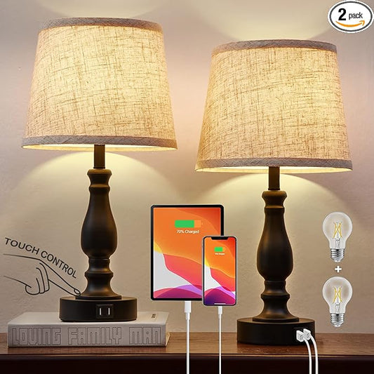 Table Lamps Set of 2, Bedside Nightstand Lamps with USB Charging Ports, 3 Way Dimmable Touch with Linen Fabric Lampshade, Modern Small Lamp for Bedrooms, Living Room (Bulbs Included)