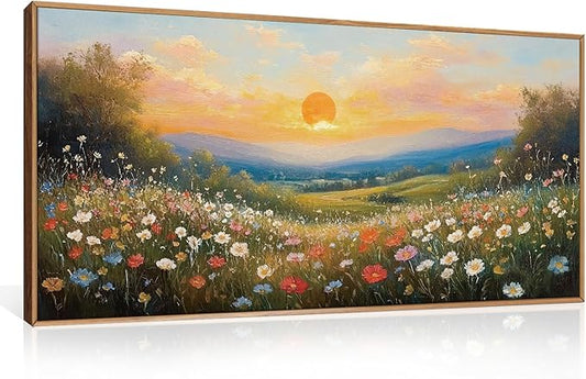 HOURIA Boho Sunrise Wildflower Framed Canvas Wall Art Set,Watercolour Nature Inspired Landscape Wall Decor,Colorful Floral Scenery Artwork,Modern Art Prints for Living Room,Bedroom,Farmhouse-20"x40"x1