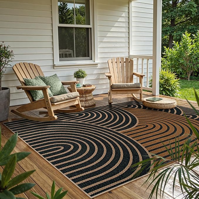 Lahome Modern Rainbow Easy Jute Carpet, Washable Rugs 5x7 for Living Room Black Farmhouse Dining Room Rug, Contemporary Natural Throw Mat Non Slip Floor Carpet for Office RV Patio