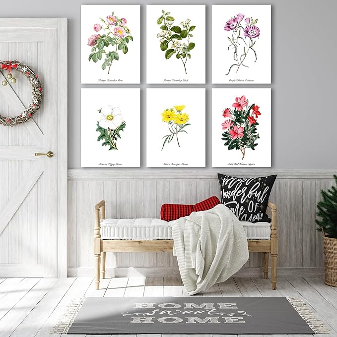 COSCTOR Set of 6 Botanical Floral Wall Art Decor Vintage Flower Market Canvas Framed 6 Pieces Green Plant Sage Minimalist for Bedroom Living Room Bathroom Hallway Home Decoration(Framed, 12x16)