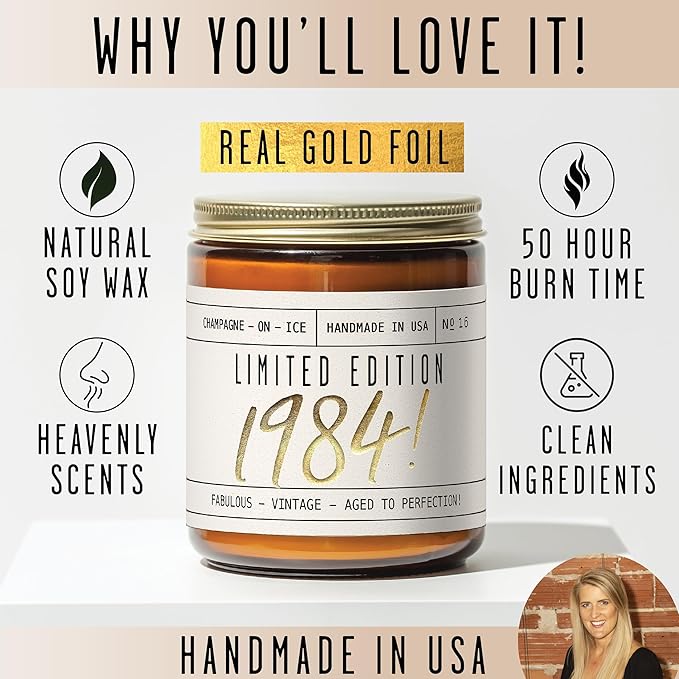 41st Birthday Gifts for Women - 'Limited Edition 1984' Soy Candle, w/Champagne on Ice I 41 Birthday Gifts for Women I 41st Gift for Her Ideas I 9oz Reusable Jar, 50Hr Burn, Made in USA