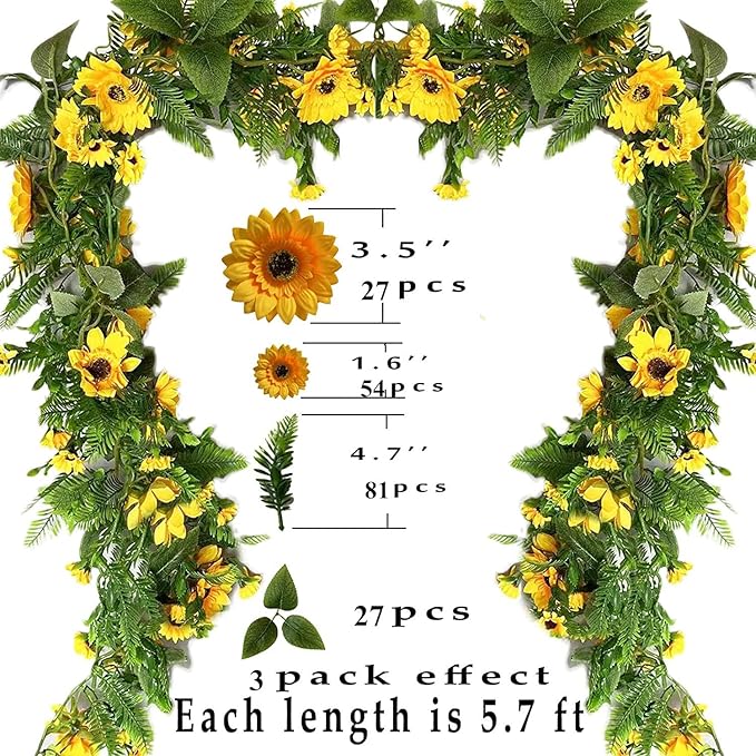 UKELER 3 Pack Artificial Sunflower Garland Fake Hanging Garland Yellow Sunflower Vines Artificial Sunflowers for Home Hotel Office Wedding Party Garden Craft Art Décor