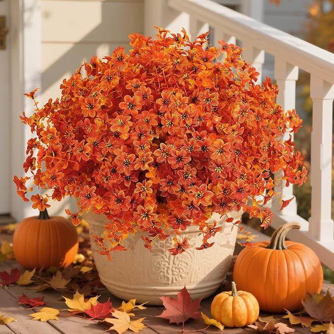 SHareconn 20 Bundles Artificial Fall Flowers for Outdoors Decoration, Fake Silk Daisy Realistic Faux Plants UV Resistant for Planter Home Porch Patio Autumn Indoor Outside Decor, Sunset Red Orange