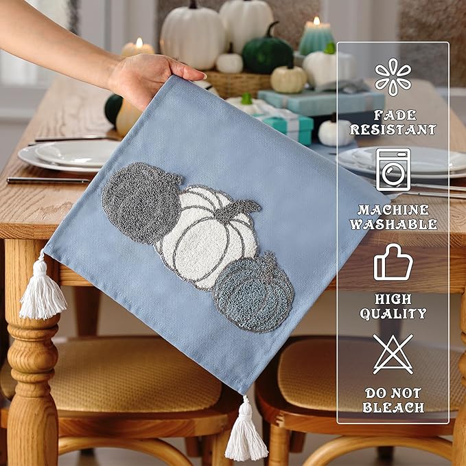 Breling Thanksgiving Pumpkin Table Runner Jacquard Fall Pumpkin Thanksgiving Dinner Table Runner Autumn Harvest Decoration for Kitchen Dining Home Dinner Party 13x72 Inch (Blue)