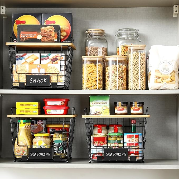 2 Set Large Stackable Wire Basket with Bamboo Tops & Tag- Pantry Organizer and Storage Bins, Kitchen Counter Cabinet Shelf Countertop Under Sink Organizing for Food Snack Produce Onion Potato Bread