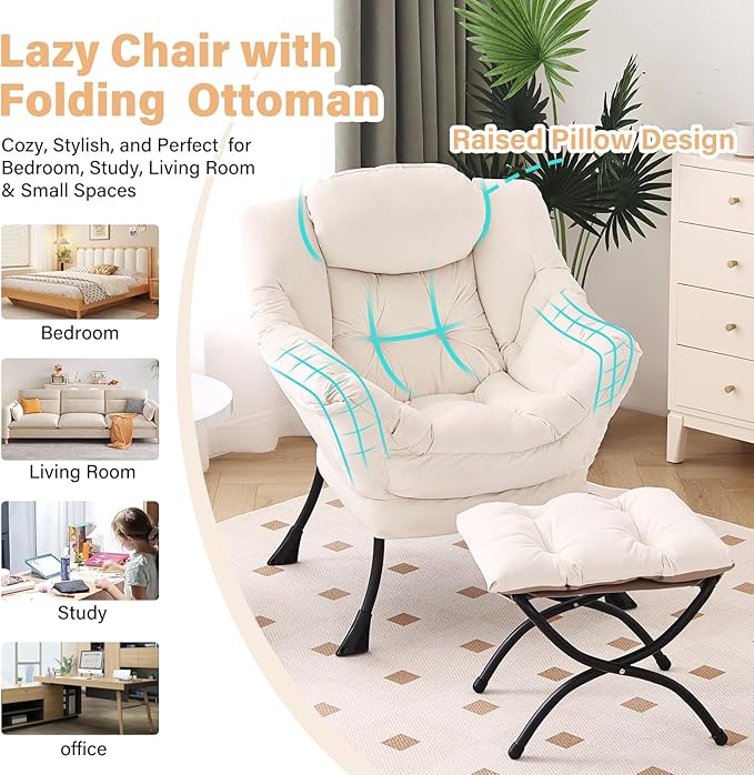Lazy Chair with Ottoman, Modern Chair with Folding Footrest, Lounge Accent Chair, Comfortable Reading Chair, Oversized Armchairs for Bedroom, Study, Living Room, Courtyard (Beige)
