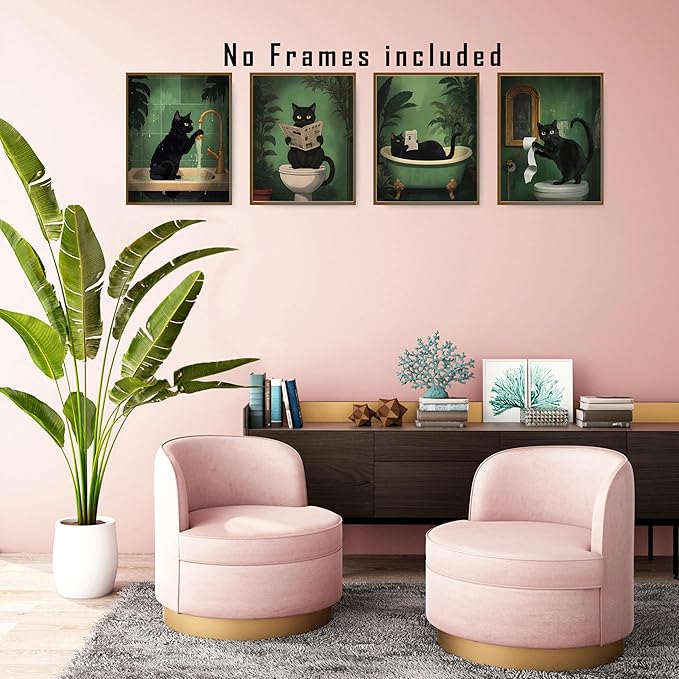 FITIE Funny Black Cat Bathroom Wall Art Prints Set of 4, Funny Black Cat Reading on Toilet Bathtub Wall Art Posters for Bathroom Washroom Restroom Decor, 8x10 Unframed