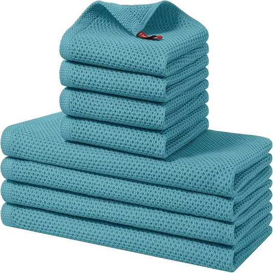 Homaxy 100% Cotton Kitchen Towels and Dishcloths Set, 12 x 12 Inches and 13 x 28 Inches, Set of 8 Bulk Kitchen Towels Set, Ultra Soft Absorbent Dish Cloths for Washing Dishes, Lake Blue