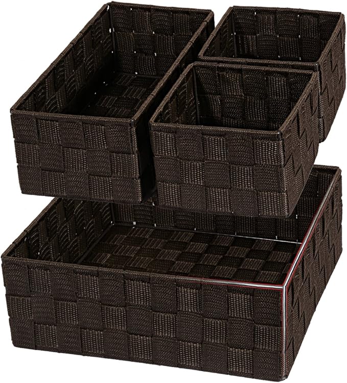 Posprica Woven Storage Baskets for Organizing, Small Baskets Cube Bin Container Tote Organizer Divider for Drawer, Closet, Shelf, Dresser, Set of 4(Brown)