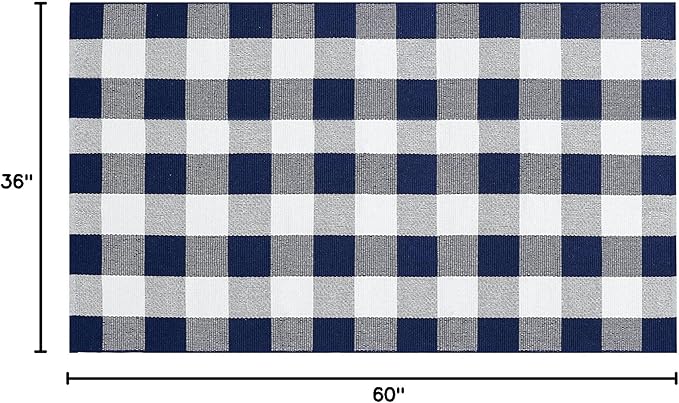 SEEKSEE Cotton Buffalo Plaid Rug 27.5"x43" Navy Blue and White Checked Rug Washable Doormats Indoor Outdoor Rugs for Layered Front Door Mats, Porch, Kitchen, Farmhouse, Entryway